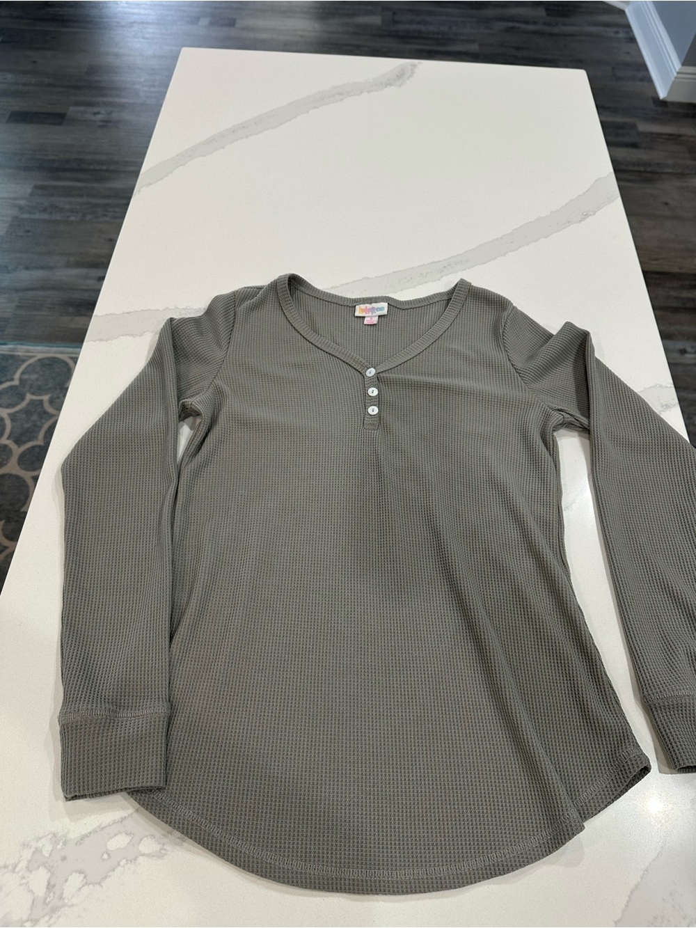 LuLaRoe Olive Green Waffle Knit Henley Long Sleeve Top